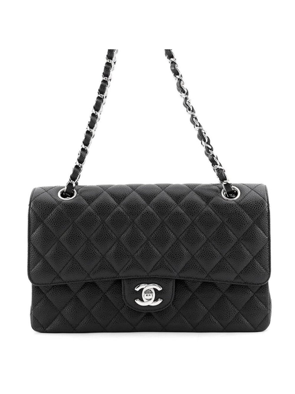 Chanel Chain Shoulder Bag Quilted 25 CC Logo Caviar Leather Double Black